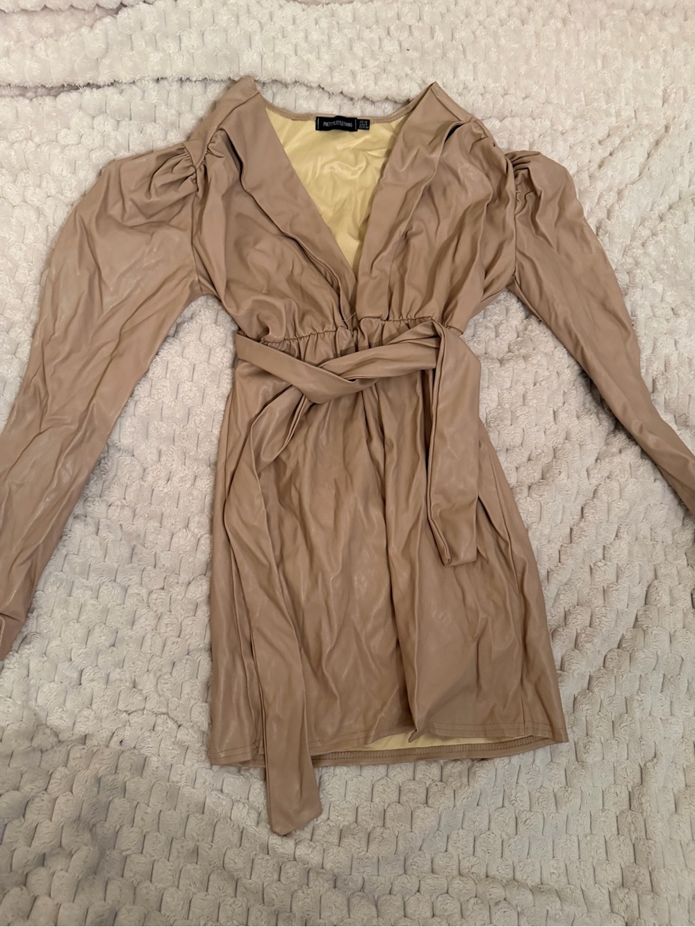 PrettyLittleThing Taupe Faux Leather Long Sleeve Wrap Dress